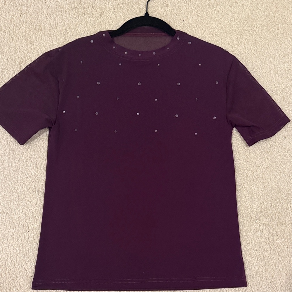 Capezio Purple Short Sleeve Dance top with Sheer Back and Purple Rhinestones